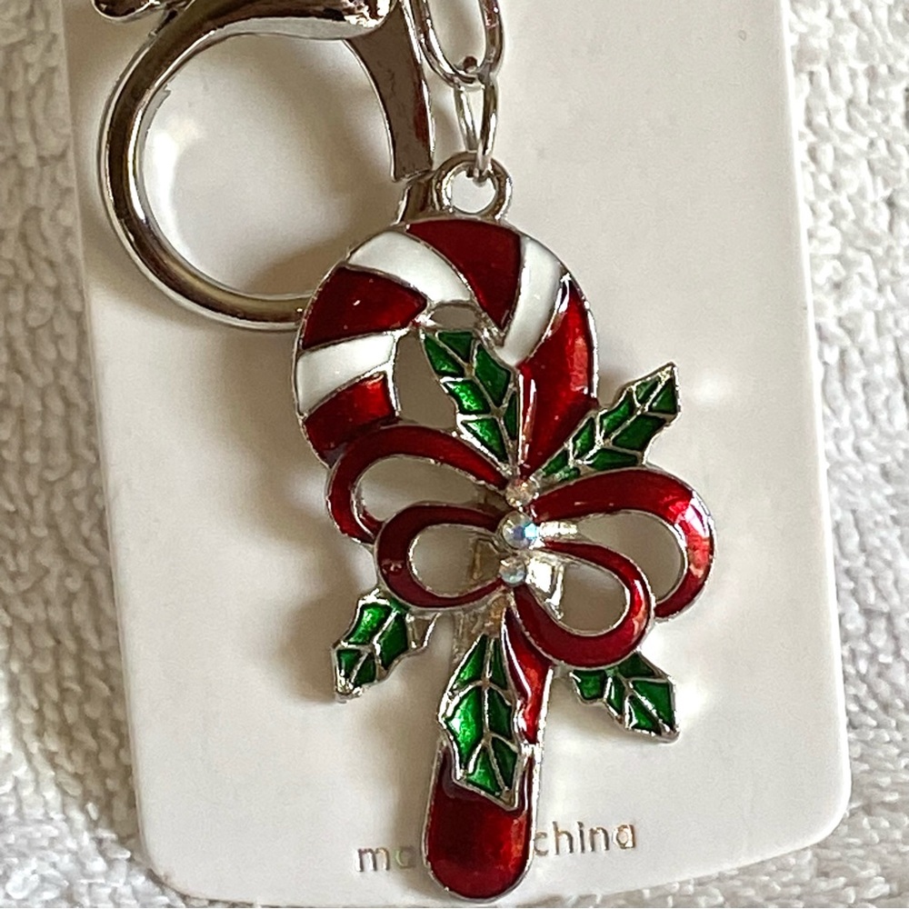 Holiday Candy Cane Keychain with silver key chain and bag charm hook NEW